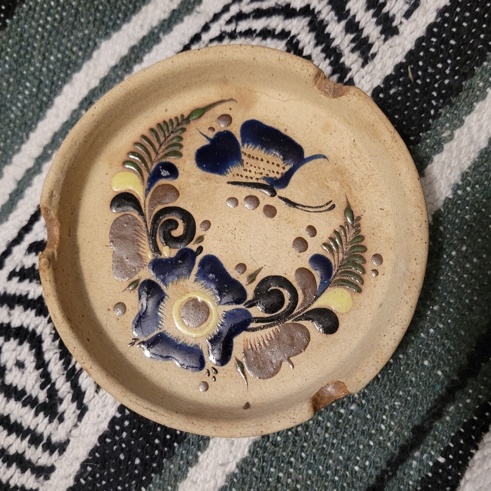 Pottery Ashtray Hand Painted Floral Mexico Signed Home Decor Accent Stoneware